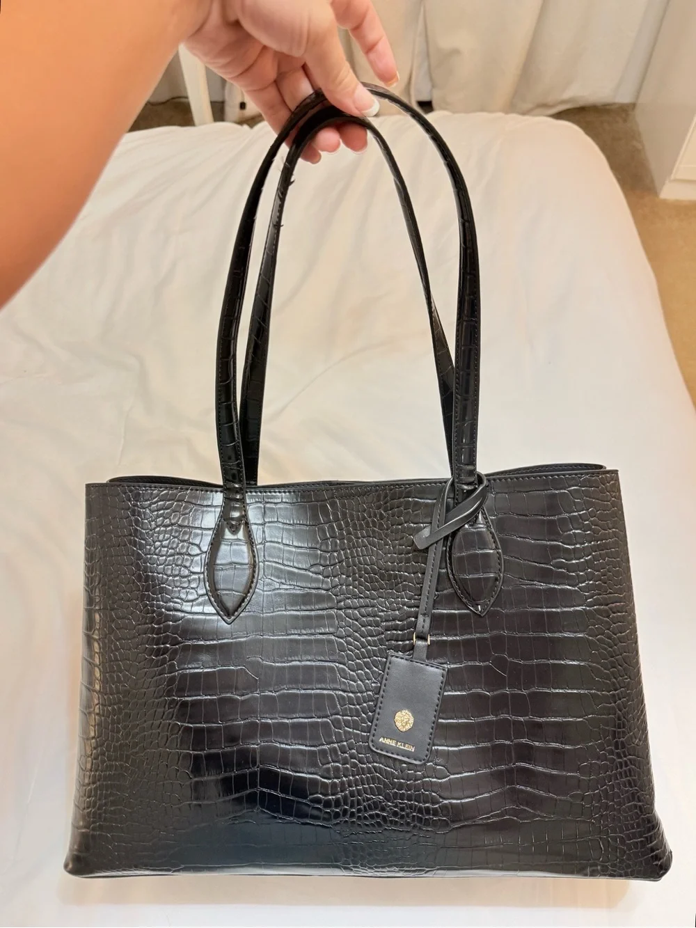 Anne Klein Black Croc-Embossed Leather Tote
